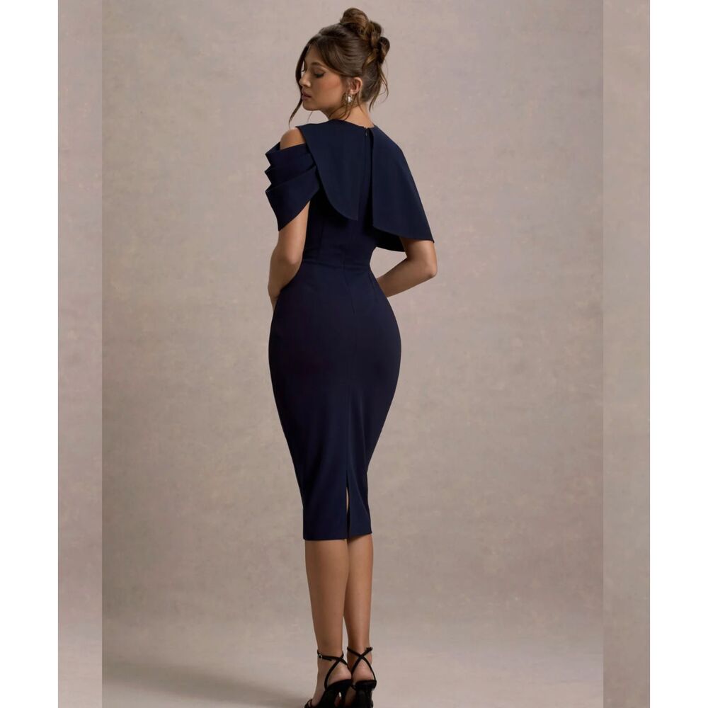 NWT Club L London Navy Draped Midi Dress With Cape | Size US 4 - Picture 4 of 8